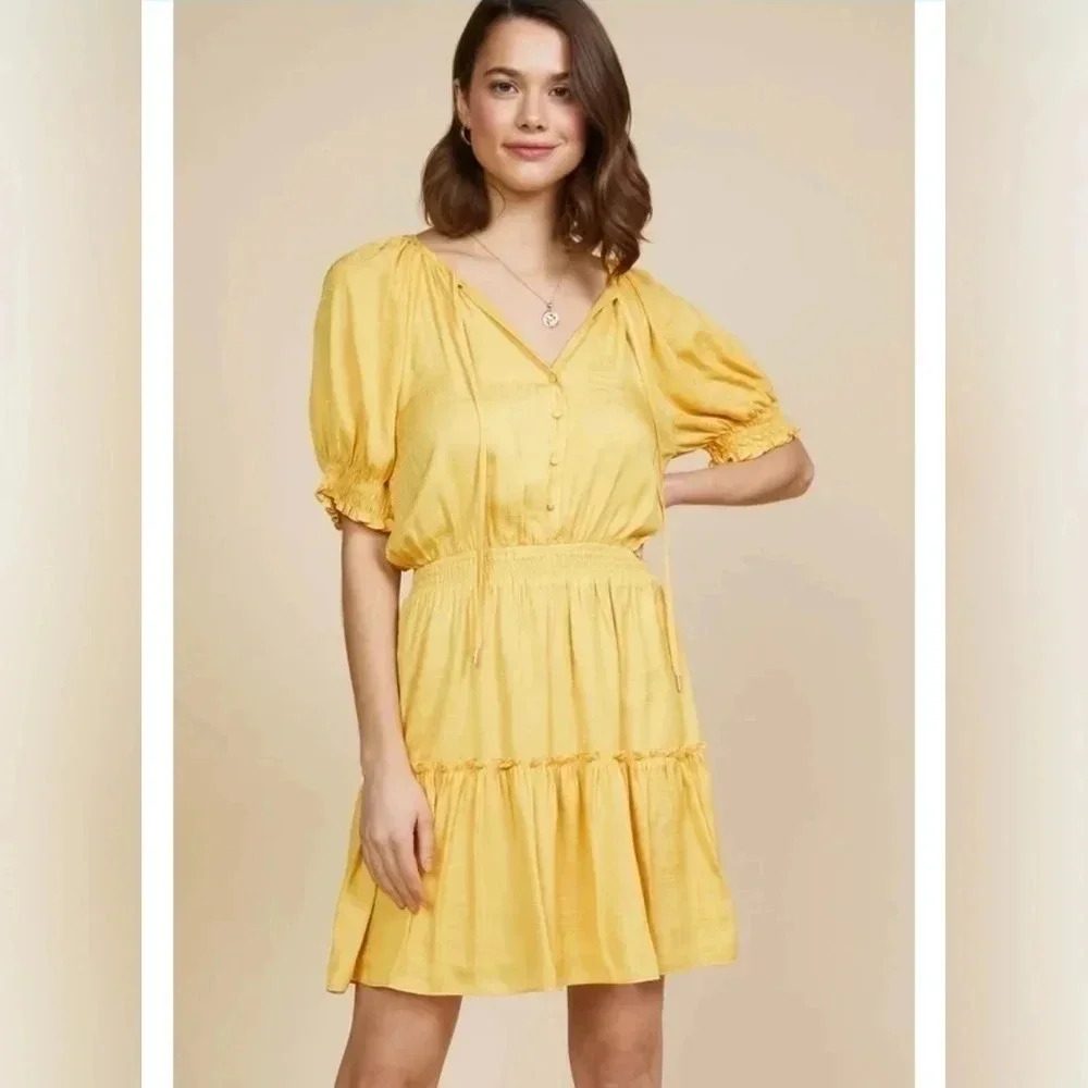 NWT Skies Are Blue Yellow Smocked Waist Ruffle Tiered Dress Size Medium M